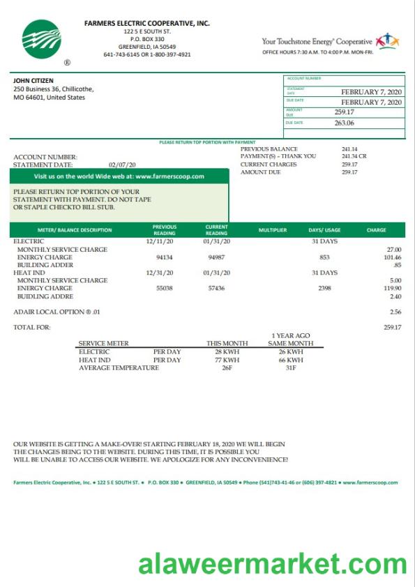 USA Ohio Farmers Electric Cooperative utility bill template in Word and PDF format, version 2